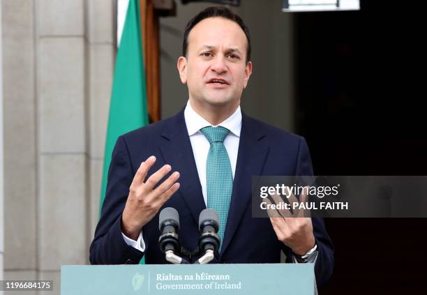 Ireland's Prime Minister Leo Varadkar speaks during a press conference at Government Buildings in Dublin on January 27 after his meeting with the...