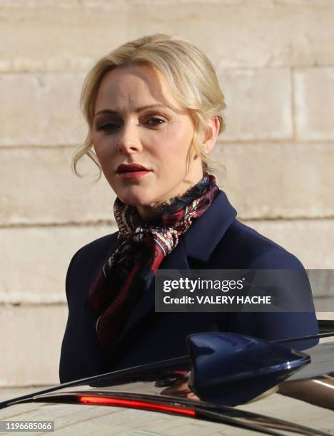 Princess Charlene of Monaco leaves the Monaco Cathedral on the second day of Sainte Devote Celebrations in Monaco on January 27, 2020. - Saint Devote...