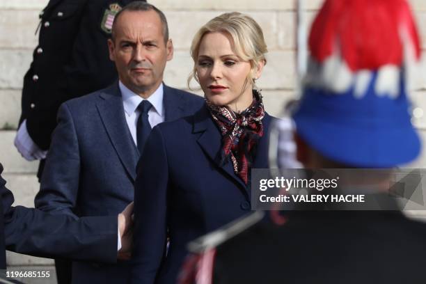 Princess Charlene of Monaco leaves the Monaco Cathedral on the second day of Sainte Devote Celebrations in Monaco on January 27, 2020. - Saint Devote...