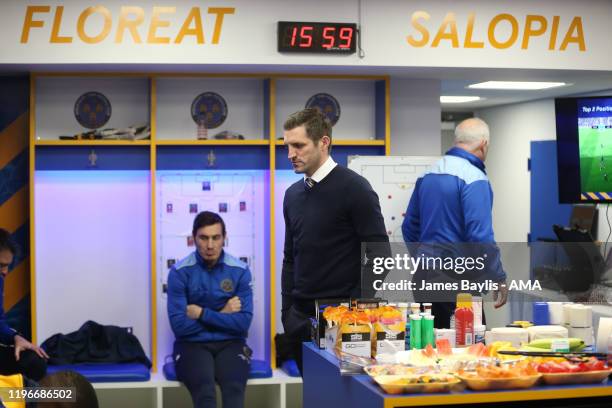 Sam Ricketts the Shrewsbury Town head coach / manager gives his half time team talk in the home dressing room during the FA Cup Fourth Round match...