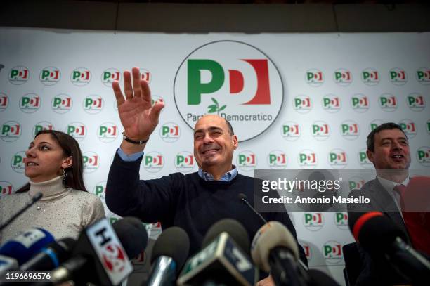 Anna Ascani , General Secretary of Democratic Party Nicola Zingaretti and Andrea Orlando hold a press conference the day after the regional political...
