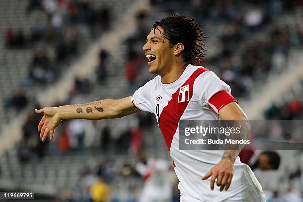 Jose Paolo Guerrero of Peru celebrates scored goal during the Copa America 2011 third place match between Venezuela and Peru at Ciudad de La Plata...