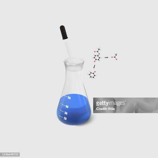 dropper and glass conical flask ,chemical background - conical flask stock illustrations