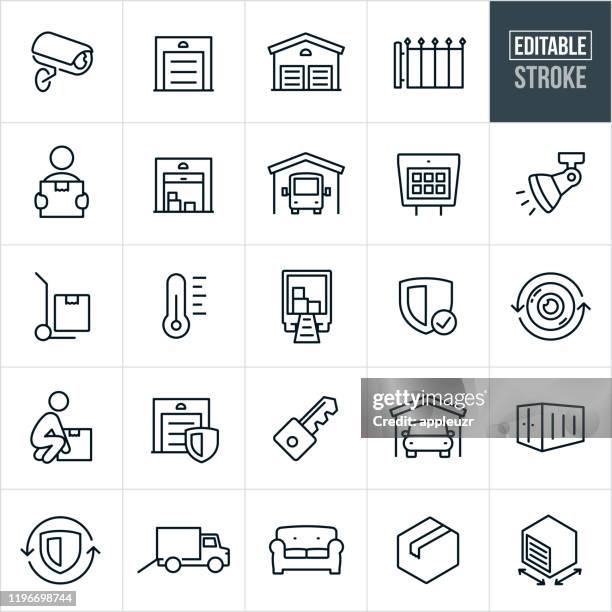 illustrazioni stock, clip art, cartoni animati e icone di tendenza di icone a linea sottile con archiviazione autonoma - tratto modificabile - scompartimento di immagazzinaggio