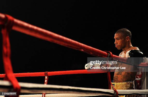 Ashley Theophane waits in the corner during his British Light welterweight Title fight against Jason Cook at Wembley Arena on July 23, 2011 in...