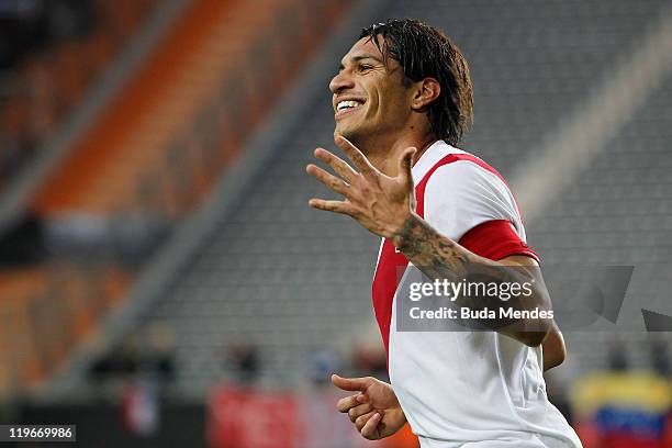 Jose Paolo Guerrero from Peru celebrates scored goal during the Copa America 2011 third place match between Venezuela and Peru at Ciudad de La Plata...