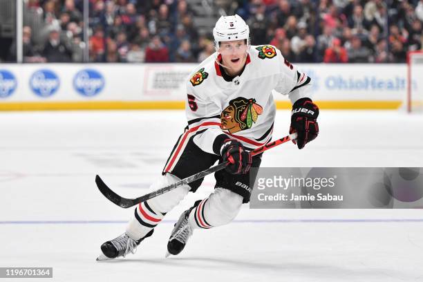 Connor Murphy of the Chicago Blackhawks skates against the Columbus Blue Jackets on December 29, 2019 at Nationwide Arena in Columbus, Ohio.