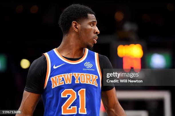 Damyean Dotson of the New York Knicks looks on against the Washington Wizards during the first half at Capital One Arena on December 28, 2019 in...