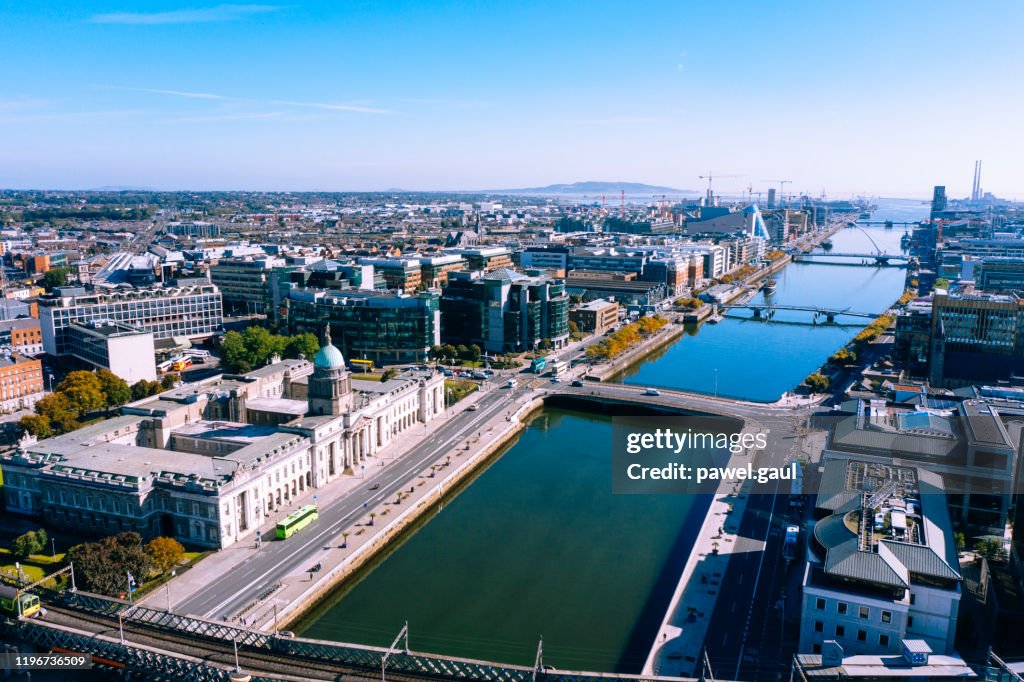 Dublin aerial view with Liffey river and Custom House