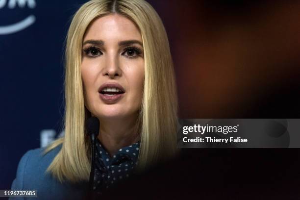 Ivanka Trump, also known as Yael Kushner, daughter of United States president Donald J Trump, addresses a press conference at the World Economic...