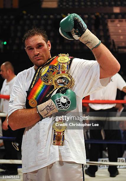 Tyson Fury celebrates his victory against Dereck Chisora during the British & Commonwealth Heavyweight Title Fight between Dereck Chisora and Tyson...