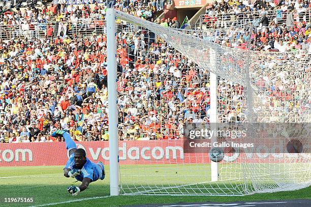 Senzo Meyiwa of Pirates is defeated by Rafael van der Vaart of Tottenham during the 2011 Vodacom Challenge final match between Orlando Pirates and...