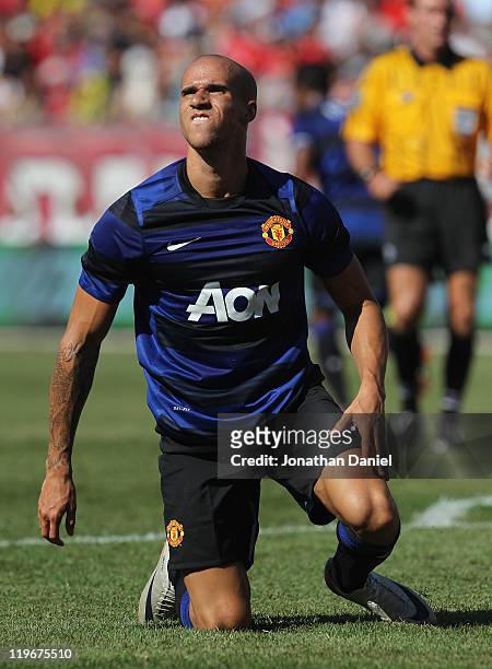 Gabriel Obertan of Manchester United reacts after missing a shot against the Chicago Fire in a friendly match during the World Football Challenge...
