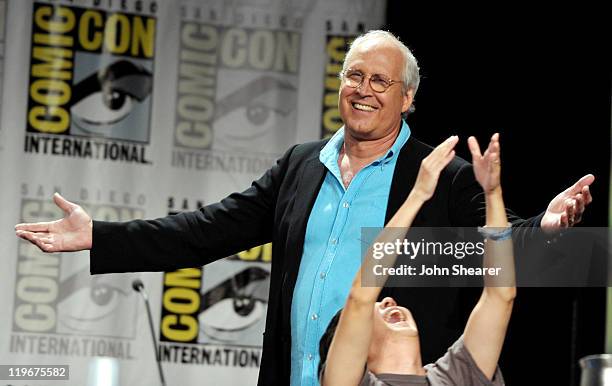 Actors Chevy Chase and Ken Jeong speak at the "Community" Panel during Comic-Con 2011 on July 23, 2011 in San Diego, California.