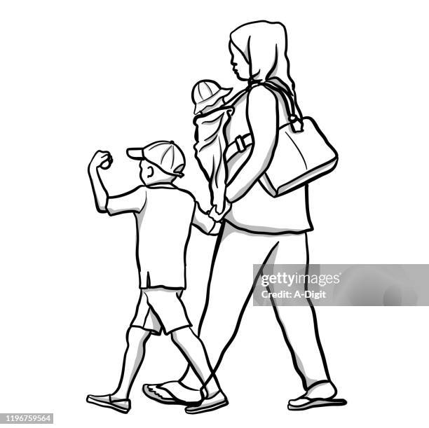 refugee mom and kids - strap stock illustrations