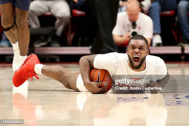 Trey Landers of the Dayton Flyers reacts after a play in the game against the North Florida Ospreys during the first half at UD Arena on December 30,...