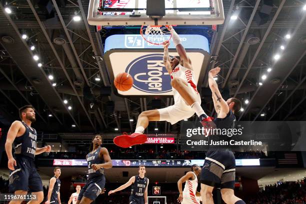 Obi Toppin of the Dayton Flyers dunks the ball in the game against the North Florida Ospreys during the second half at UD Arena on December 30, 2019...