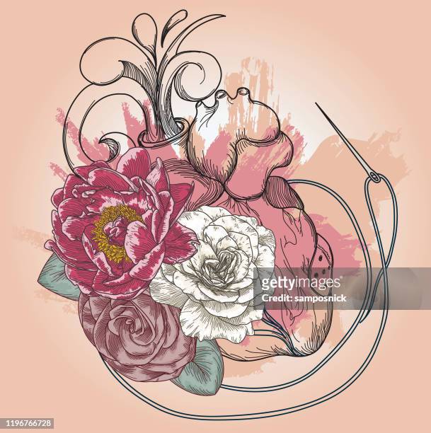 mending - floral human heart surgery line artwork - antique rose stock illustrations