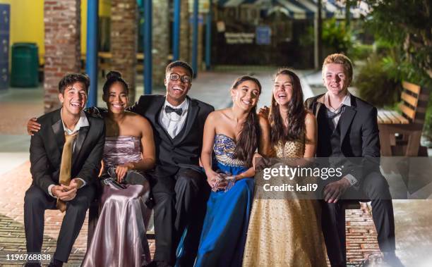 three couples hanging out after prom - prom dress stock pictures, royalty-free photos & images