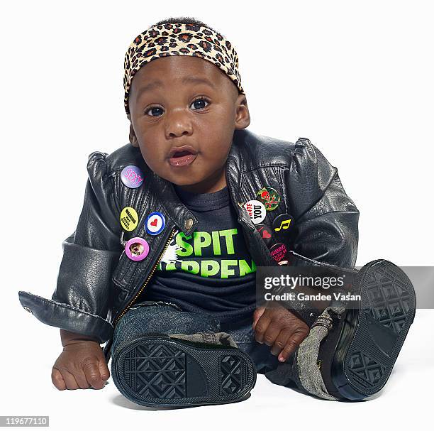 urban baby dressed up as rock star - baby attitude stock pictures, royalty-free photos & images