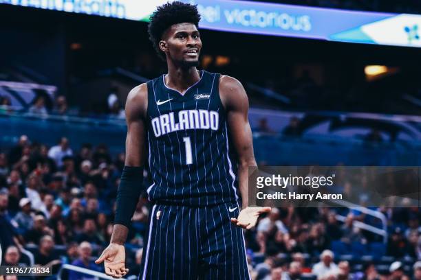 Jonathan Isaac of the Orlando Magic reacting to an official's call while facing the Atlanta Hawks in the first quarter at Amway Center on December...