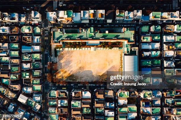 aerial view of school playground - aerial view of childs playground stock pictures, royalty-free photos & images