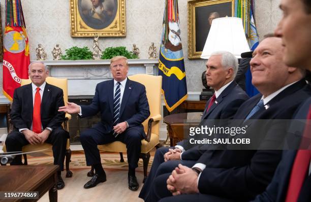 President Donald Trump meets with Israeli Prime Minister Benjamin Netanyahu alongside US Vice President Mike Pence , US Secretary of State Mike...