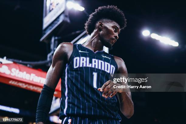 Jonathan Isaac of the Orlando Magic between plays against the Atlanta Hawks in the third quarter at Amway Center on December 30, 2019 in Orlando,...