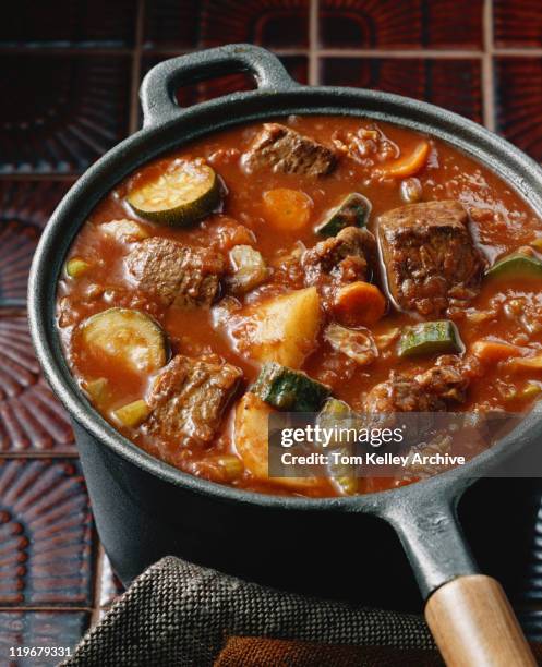 meat stew with vegetable in saucepan, close-up - 1977 stock pictures, royalty-free photos & images