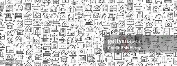 ilustraciones, imágenes clip art, dibujos animados e iconos de stock de patrón sin costuras con iconos de bienes raíces - problemas de vivienda