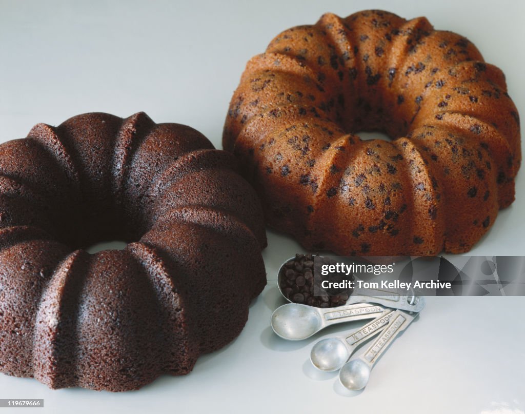 Bundt cakes on white background, close-up