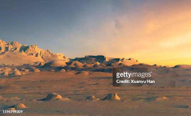 sunset in the arid landscape of qinghai province - mars planet stock pictures, royalty-free photos & images