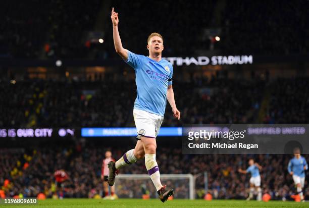 Kevin De Bruyne of Manchester City celebrates his goal to make it 2-0 during the Premier League match between Manchester City and Sheffield United at...