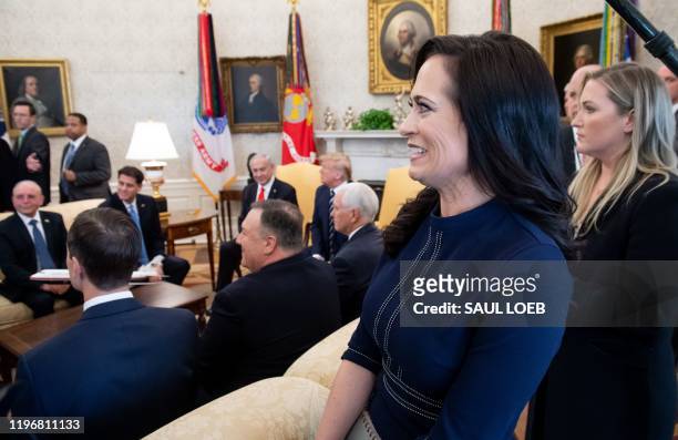 White House Press Secretary Stephanie Grisham attends a meeting between US President Donald Trump and Israeli Prime Minister Benjamin Netanyahu in...