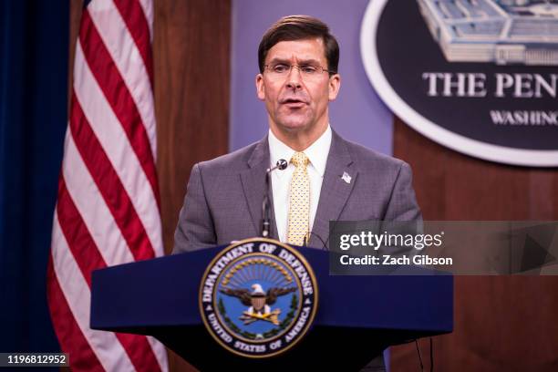 Secretary of Defense Mark Esper speaks during a bi-lateral news conference with Defense Minister Florence Parly at the Pentagon on January 27, 2020...