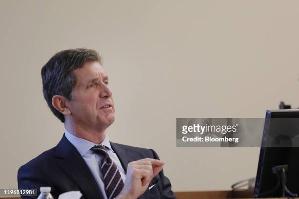 Alex Gorsky, chief executive officer of Johnson & Johnson, testifies on the stand at Middlesex County Superior Court in New Brunswick, New Jersey,...