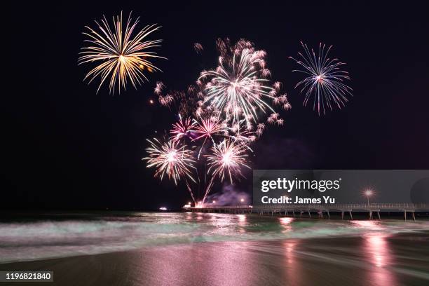2019 2020 adelaide new year fireworks - beach party backgrounds stock pictures, royalty-free photos & images