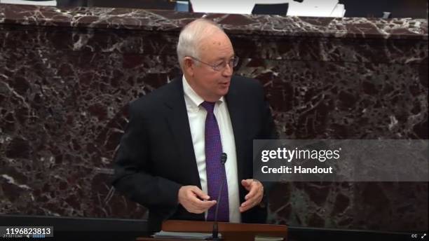 In this screengrab taken from a Senate Television webcast, Legal Counsel for President Donald Trump Ken Starr speaks during impeachment proceedings...