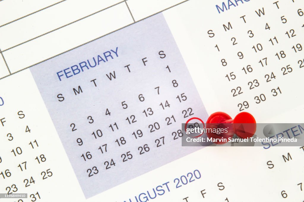 A calendar on February 29 on a leap year, leap day