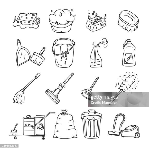 illustrazioni stock, clip art, cartoni animati e icone di tendenza di set doodles per la pulizia - attrezzi per le pulizie