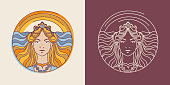 Young blond woman on the ocean + sunrise background. Eos, Greek goddess of dawn. Emblem. Editable stroke