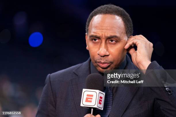 Analyst Stephen A. Smith looks on prior to the game between the Dallas Mavericks and Philadelphia 76ers at the Wells Fargo Center on December 20,...