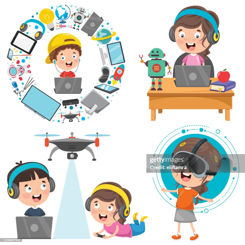 Children Using Technology Icon Little Children Using Technology Devices High-Res Vector Graphic ...