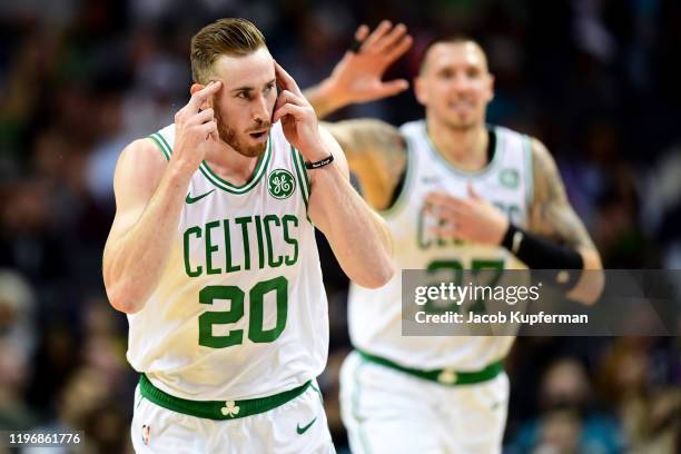 Gordon Hayward of the Boston Celtics reacts after making a shot during the second quarter during their game against the Charlotte Hornets at Spectrum...