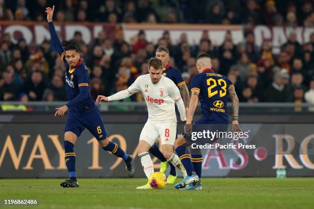 Aaron Ramsey in action during the Serie A match between AS Roma and Juventus FC at Stadio Olimpico in Rome, Italy. Juventus beat Roma by 2-1 for the...