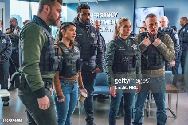 Mercy" Episode 710 -- Pictured: Patrick John Flueger as Officer Adam Ruzek, Lisseth Chavez as Officer Vanessa Rojas, LaRoyce Hawkins as Officer Kevin...