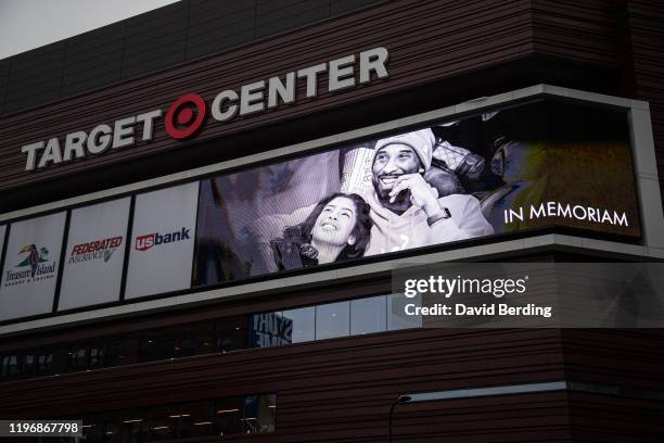 Display honoring NBA legend Kobe Bryant and his daughter Gianna Bryant is shown outside of the Target Center prior to a game between the Sacramento...