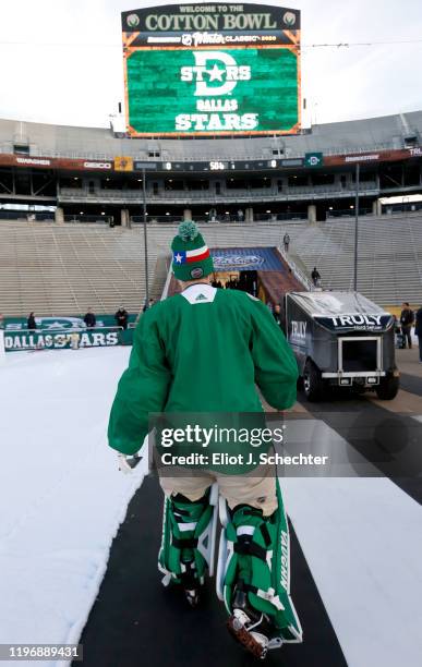 Goaltender Anton Khudobin of the Dallas Stars attends practice ahead of the 2020 Bridgestone NHL Winter Classic at Cotton Bowl on December 31, 2019...