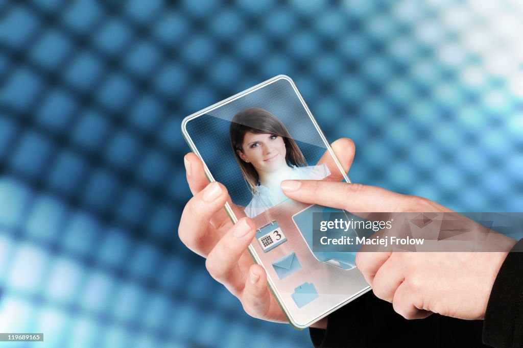 Interactive tablet with photo of a woman on screen