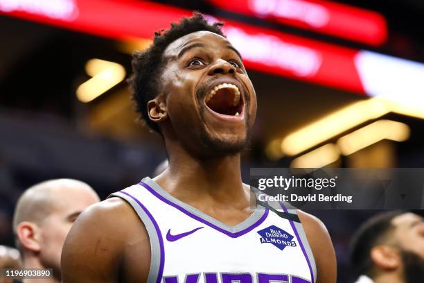 Yogi Ferrell of the Sacramento Kings reacts after Josh Okogie of the Minnesota Timberwolves a missed a free throw in overtime during the game at...